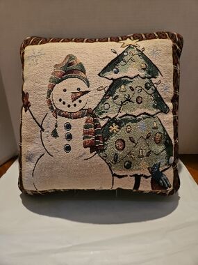 Holiday Snowman and Tree Accent Pillow -Tapestry Green/Cream
